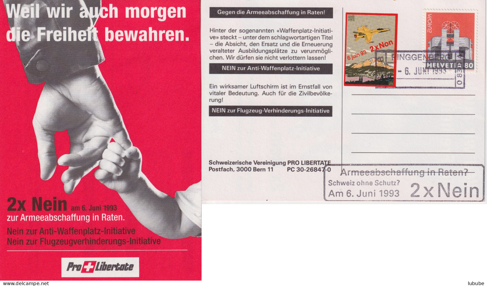 AK  "Pro Libertate - 2x Nein Armeevorlagen"  Ringgenberg        1993 - Lettres & Documents