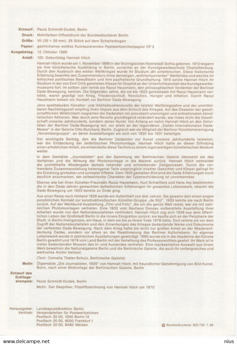 Germany Deutschland 1989-18 Haanah Hoch, Dada Artist, Modern Art Moderne Kunst, Photomontage, Canceled In Berlin - 1991-2000
