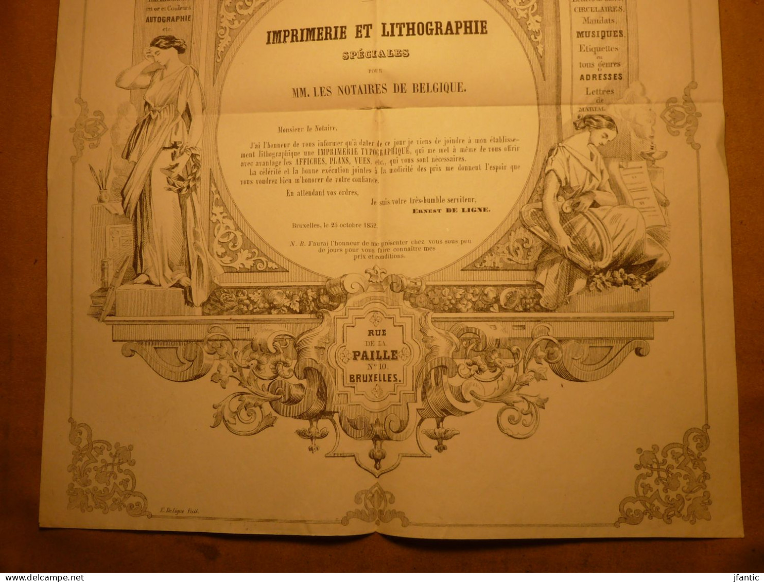 Imprimerie Et Lithographie Spéciales, Rue De La Paille N°10 Bruxelles, Année 1852, Ancienne Publicité, E.De Ligne Fecit - Publicités
