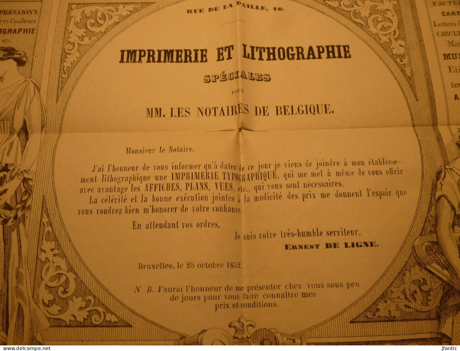 Imprimerie Et Lithographie Spéciales, Rue De La Paille N°10 Bruxelles, Année 1852, Ancienne Publicité, E.De Ligne Fecit - Publicités
