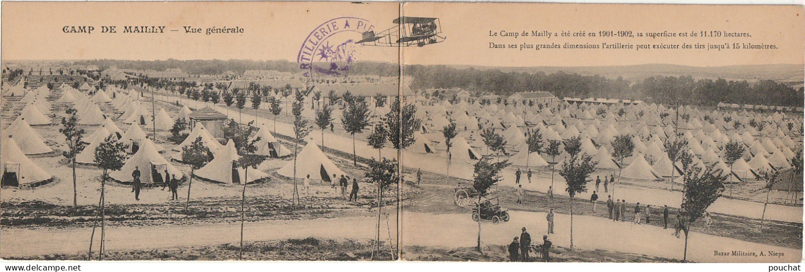 WA 21-(10) CAMP DE MAILLY - VUE GENERALE - AVION BIPLAN - TAMPON MILITAIRE - CARTE PANORAMIQUE - 2 SCANS - Mailly-le-Camp