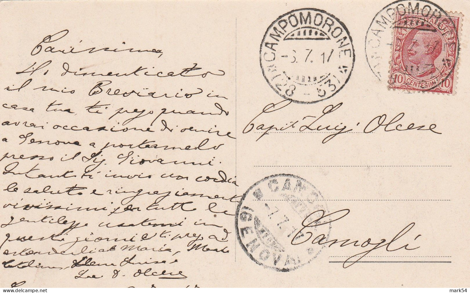 E 223 Campomorone Frazionario 28-53 Del 1917 Splendido - Storia Postale