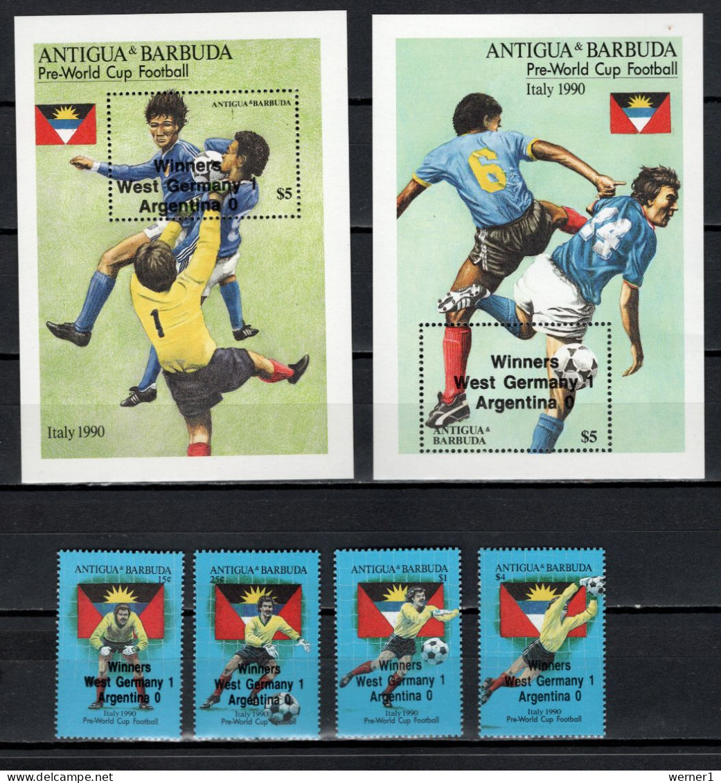 Antigua 1990 Football Soccer World Cup Set Of 4 + 2 S/s With Winners Overprint MNH - 1990 – Italy