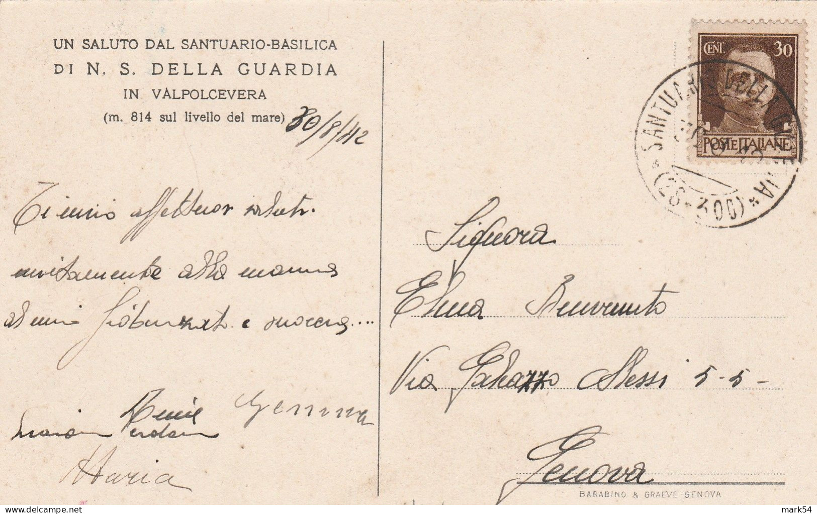 E 229 Santuario Della Guardia Frazionario 26-300 - Storia Postale