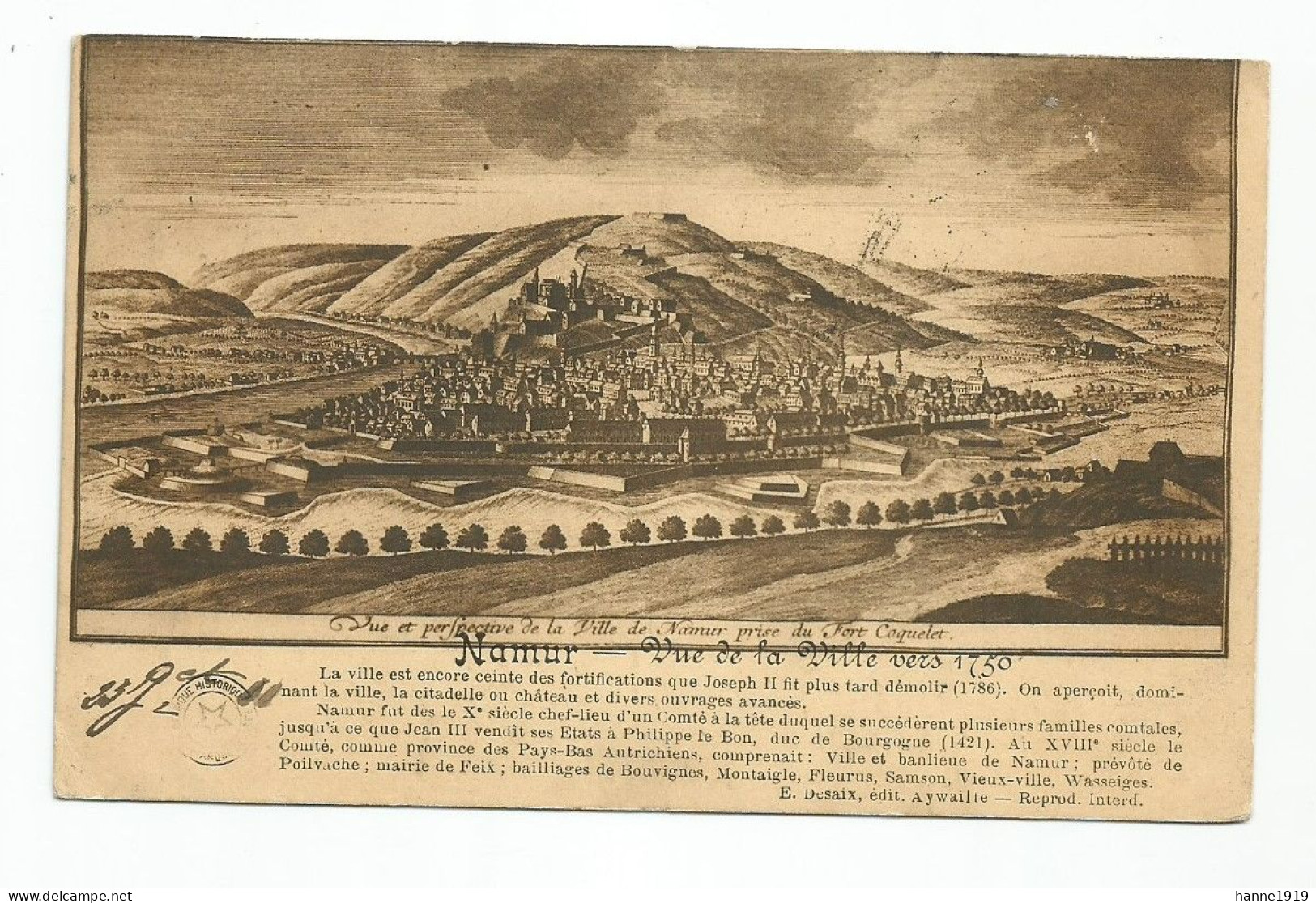 Namur Vue De La Ville Vers 1750 Cachet 1911 Namur Htje - Namur