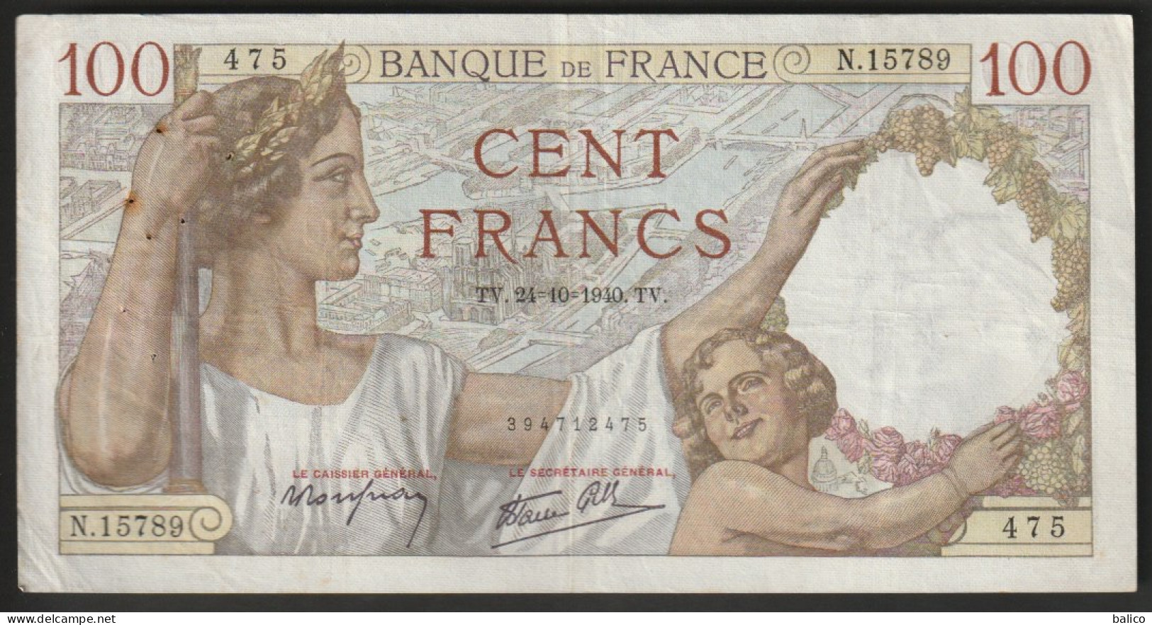 Billet 100 Francs SULLY - 24-10-1940  - N° N.15789 - 475 - 100 F 1939-1942 ''Sully''