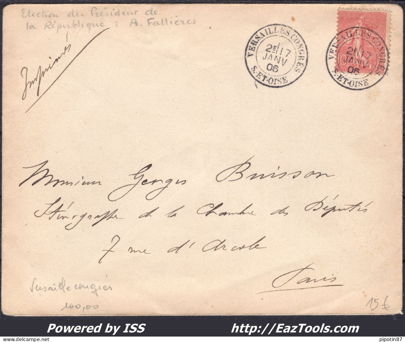 FRANCE N° 129 SUR LETTRE POUR PARIS AVEC CAD VERSAILLES CONGRES DU 17/01/1906 - Cartas & Documentos