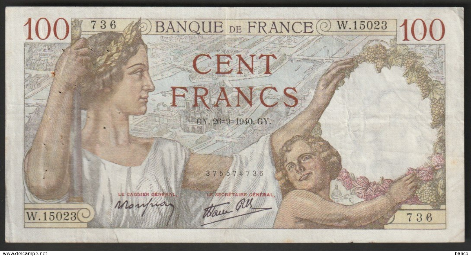 Billet 100 Francs SULLY - 26-9-1940  - N° W.15023 - 736 - 100 F 1939-1942 ''Sully''