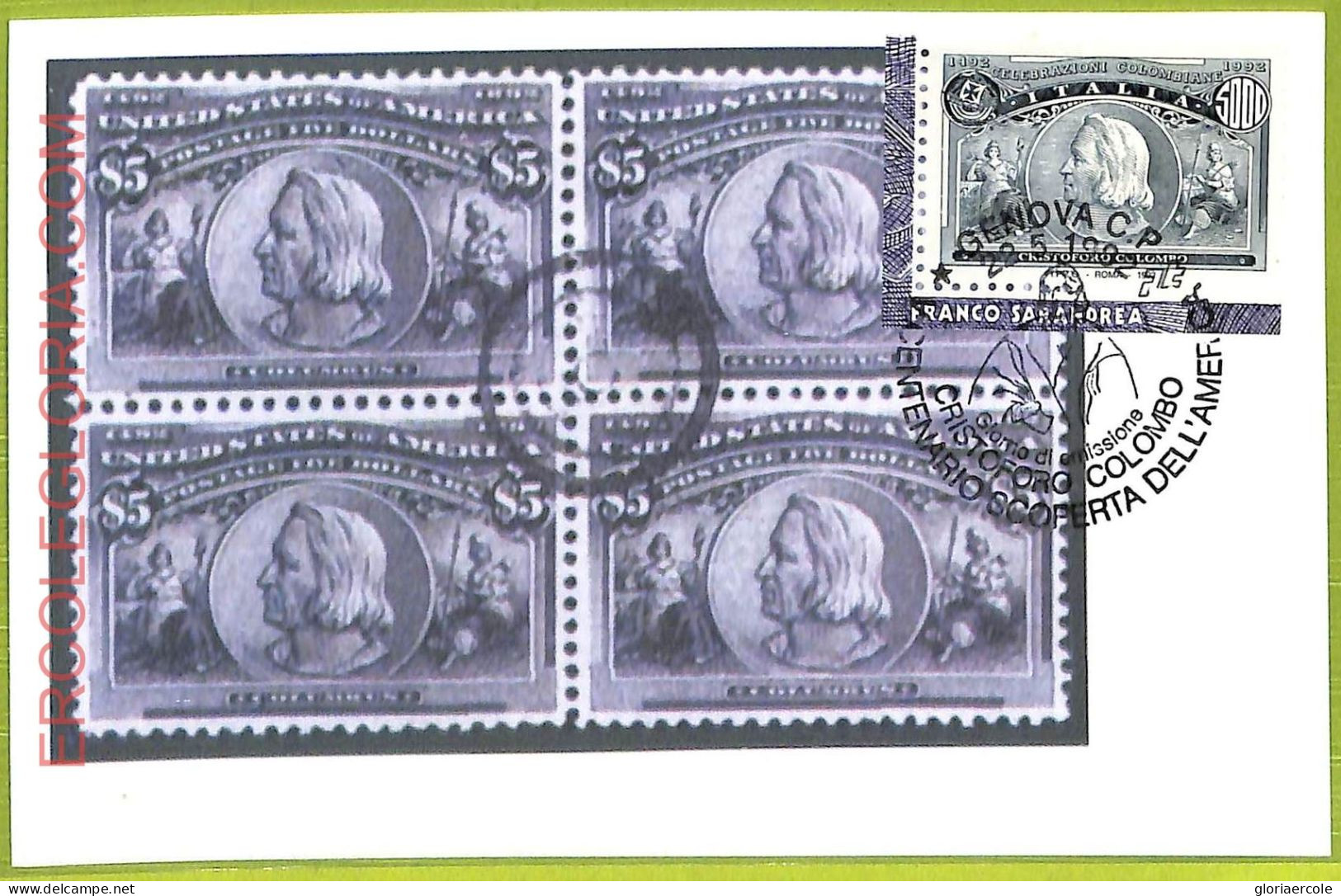 Ad3380 - ITALY - Postal History - MAXIMUM CARD - FDC - 1992 Columbus AMERICA - Maximumkarten (MC)