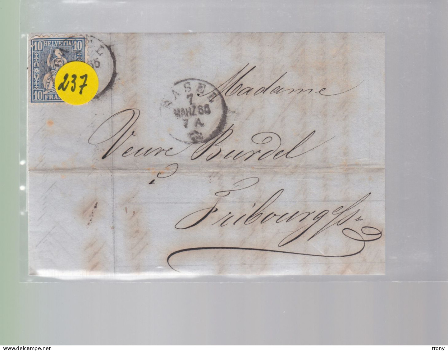 Un Timbre N° 31  10 C  Franco  Suisse  Sur Lettre     1865   Destination Fribourg   ( Plusieurs  Annonces ) - Lettres & Documents