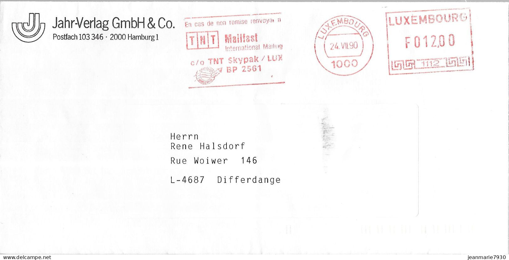 H335 - LETTRE DE LUXEMBOURG DU 24/07/90 - JAHR VERLAG - Frankeermachines (EMA)