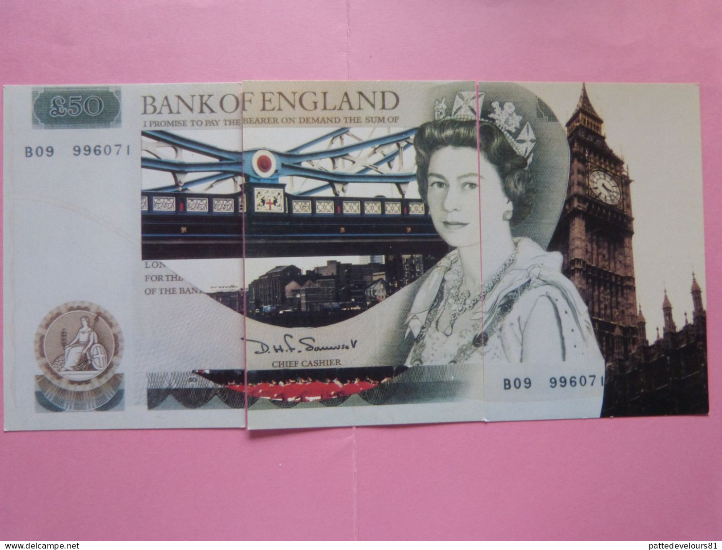 Puzzle De 3 CPM ANGLETERRE ENGLAND Représentation Billet De Banque Bank Note Monnaie ELISABETH II Surréalism - Monnaies (représentations)