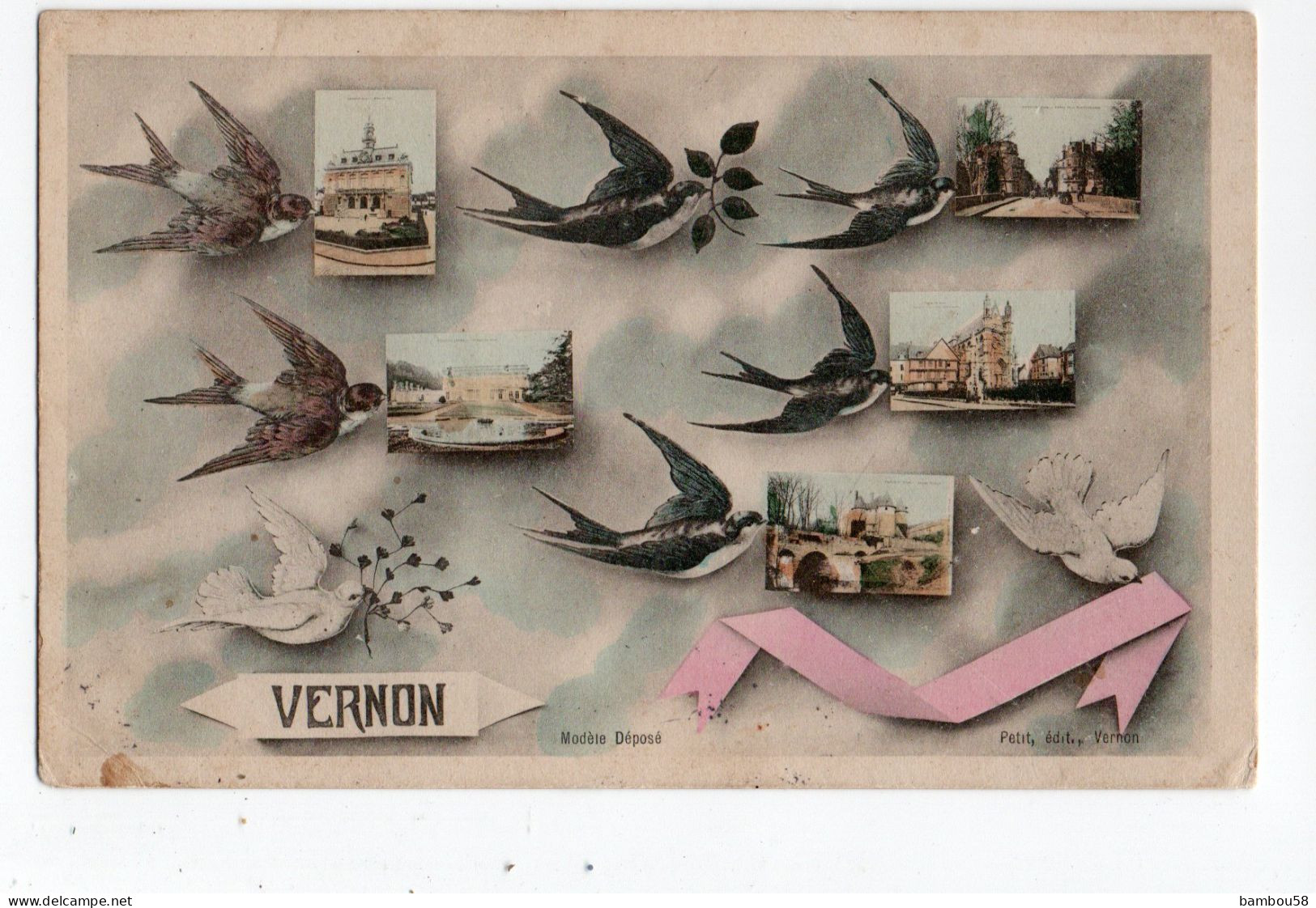 VERNON * EURE * MULTIVUES * OISEAUX / HIRONDELLES / COLOMBES * Carte Colorisée - Vernon