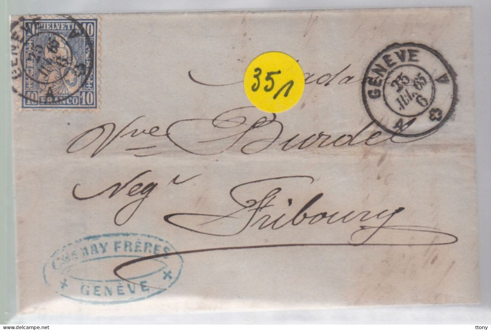 Un Timbre N° 31  10 C  Franco  Suisse  Sur Lettre   Genève    1865   Destination Fribourg - Cartas & Documentos