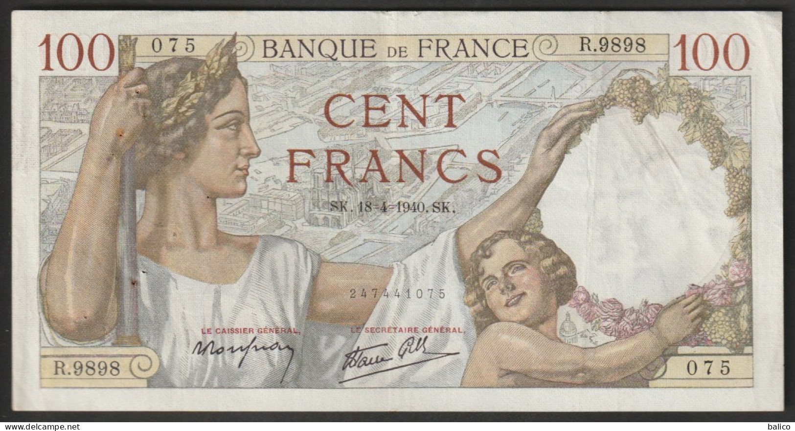 Billet 100 Francs SULLY - 18-4-1940  - N° R.9898 - 075 - 100 F 1939-1942 ''Sully''