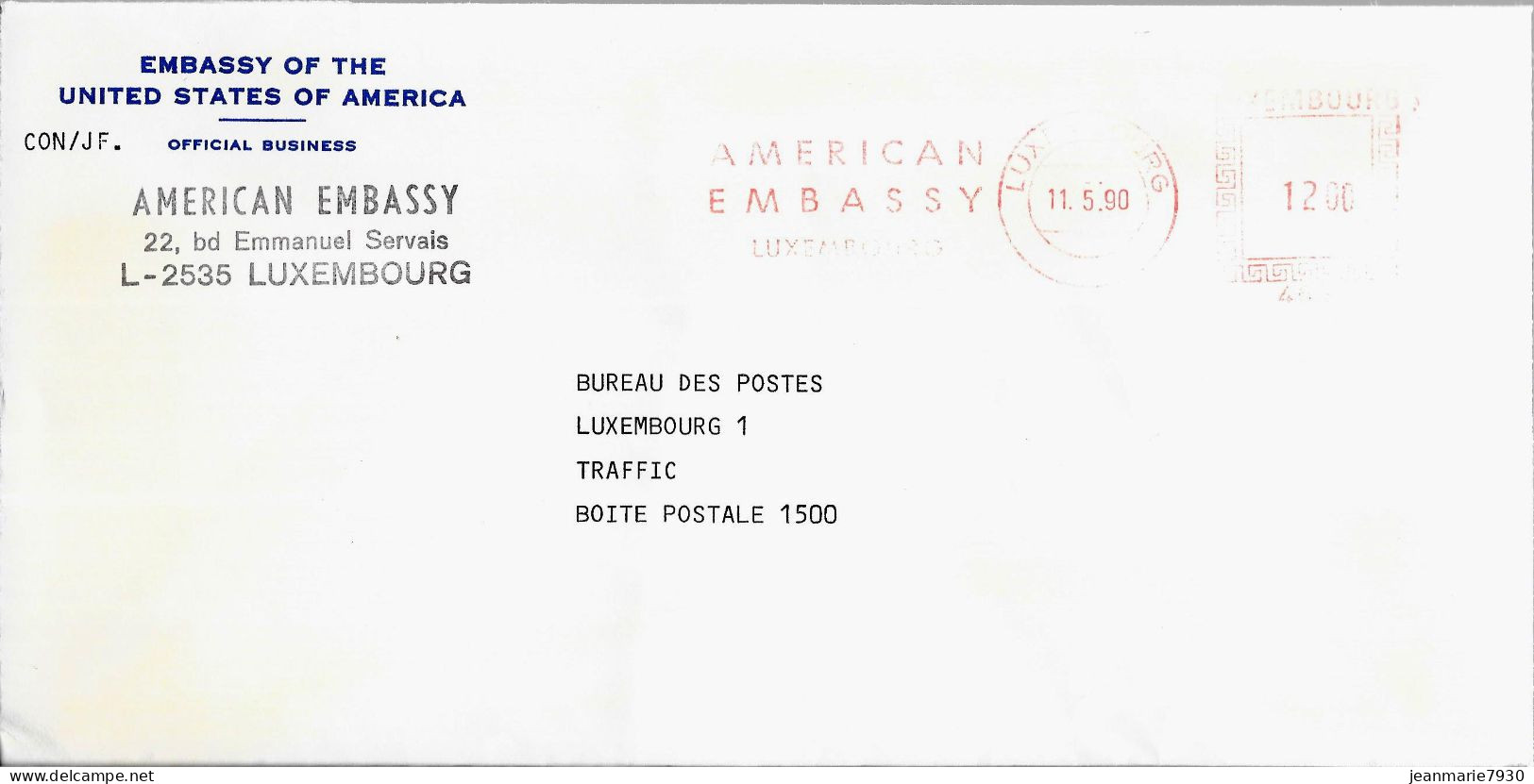 H334 - LETTRE DE LUXEMBOURG DU 11/05/90 - AMBASSADE AMERICAINE - Franking Machines (EMA)