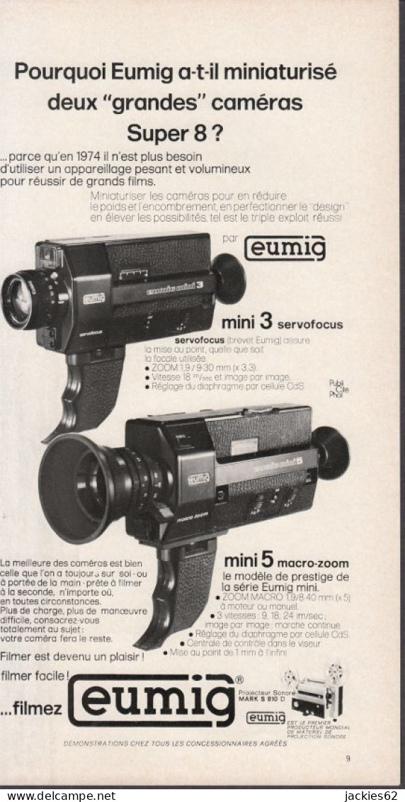 129013CL/ Mini Caméras Super 8 EUMIG, Publicité Papier Format 14/27,5 Cm - Publicités