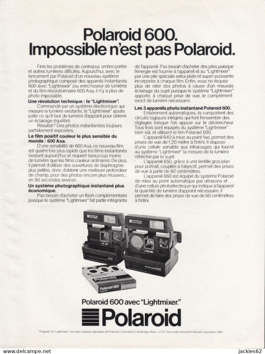 129008CL/ Appareil-photo POLAROID 600, Page De Magazine Format 21/27,5 Cm - Publicités