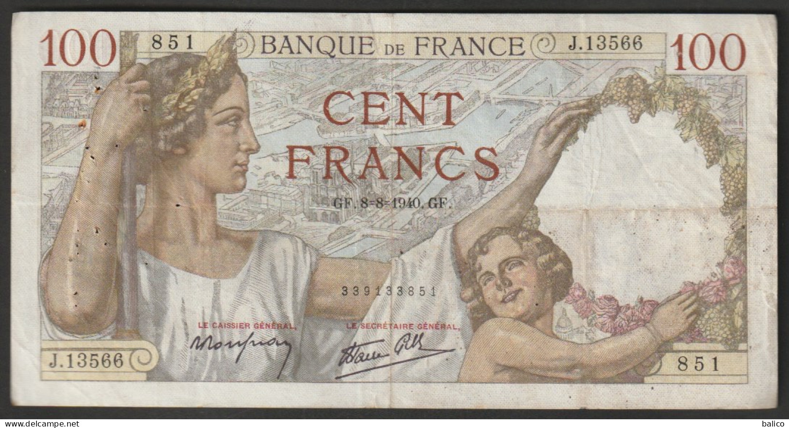 Billet 100 Francs SULLY - 8-8-1940  - N° J.13566 - 851 - 100 F 1939-1942 ''Sully''