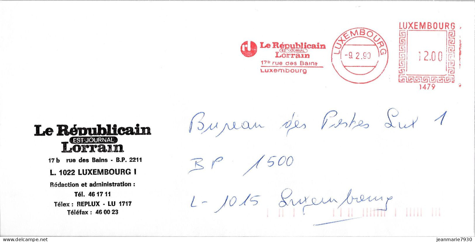 H333 - LETTRE DE LUXEMBOURG DU 09/02/90 - REPUBLICAIN LORRAIN - Franking Machines (EMA)