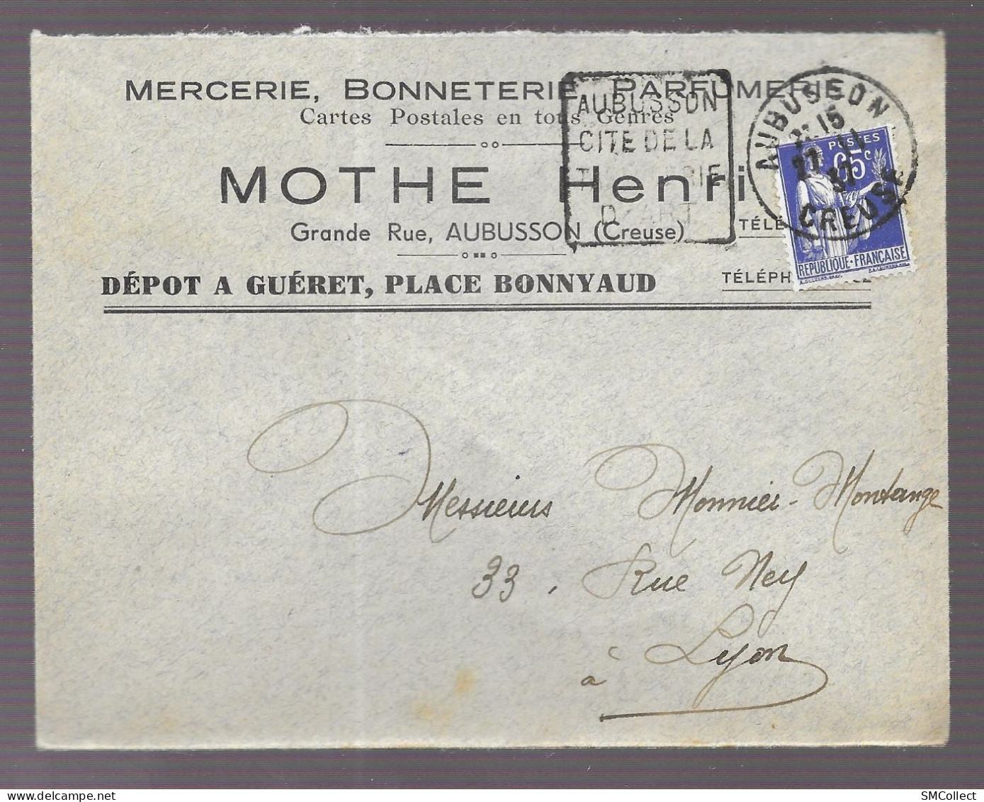 Aubusson 1937 (Daguin). Enveloppe à En-tête Henri Mothe, Mercerie, Voyagée Vers Lyon - 1921-1960: Période Moderne