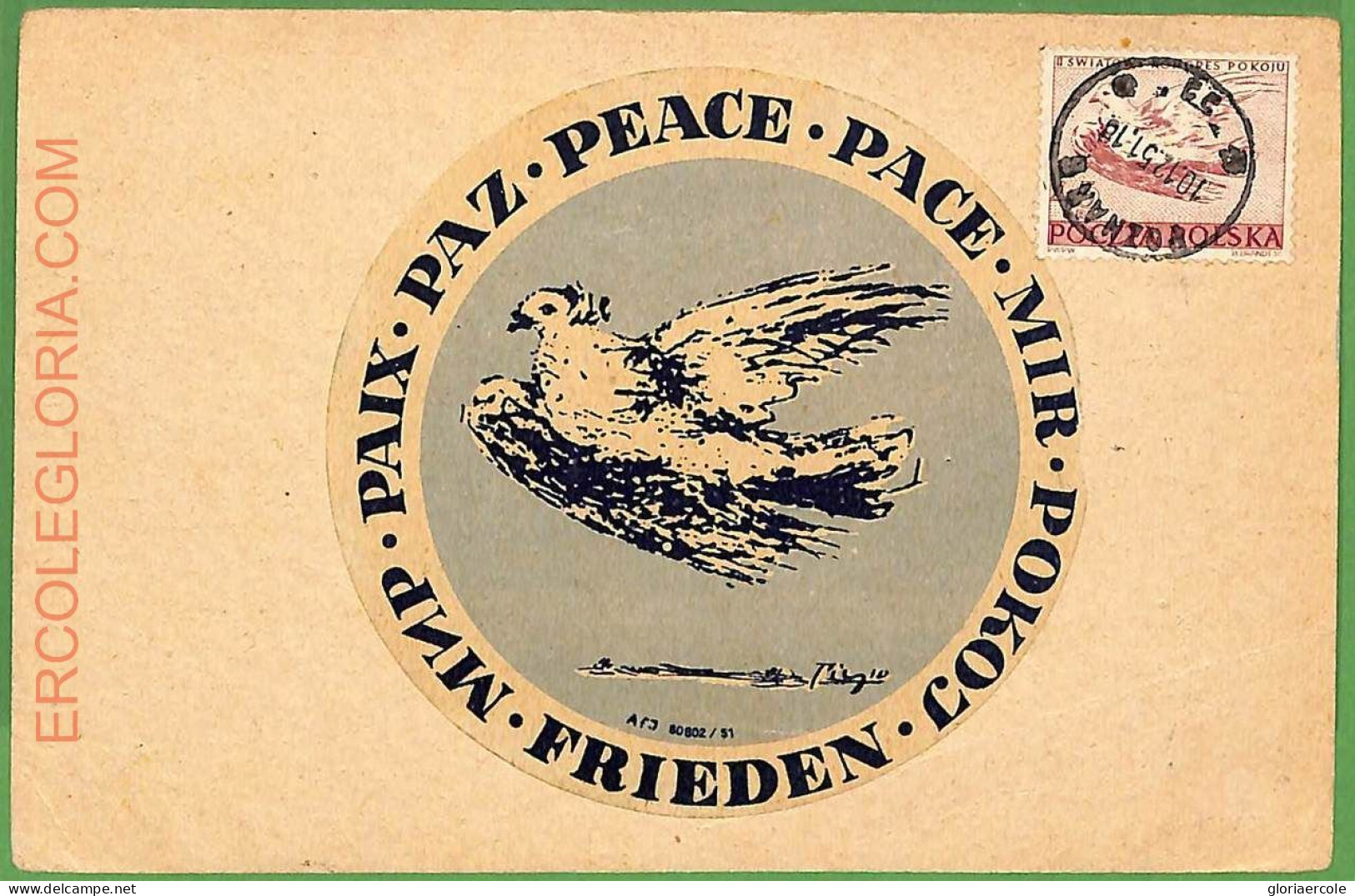 ZA0386 - POLAND - Postal History - MAXIMUM CARD - Birds DOVES Picasso - 1951 - Cartes Maximum