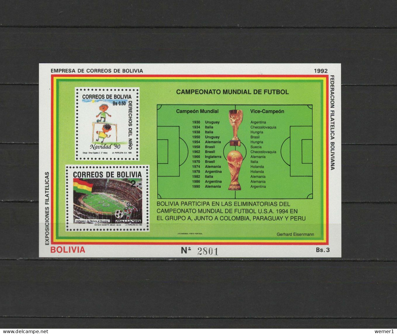 Bolivia 1992 Football Soccer World Cup S/s MNH - 1990 – Italien