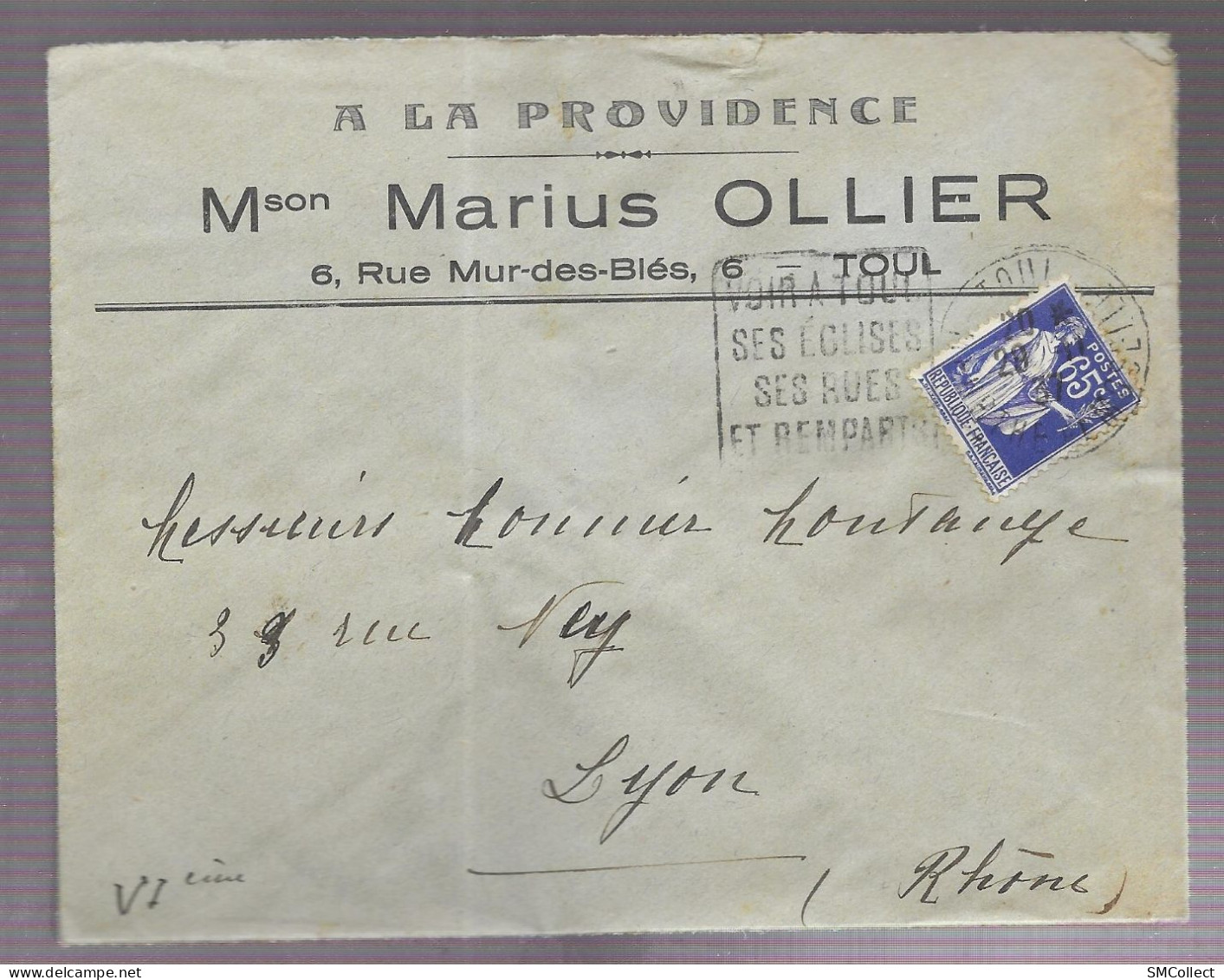 Toul 1937 (Daguin). Enveloppe à En-tête Maison Marius Ollier, Voyagée Vers Lyon - 1921-1960: Modern Period