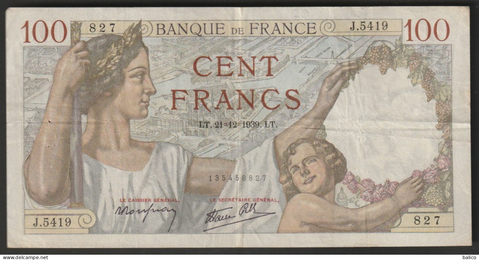 Billet 100 Francs SULLY - 21-12-1939  - N° J.5419 - 827 - 100 F 1939-1942 ''Sully''