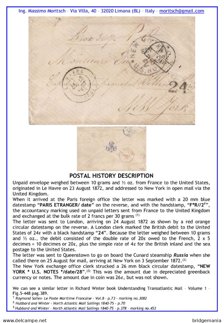 MTM157 - 1872 TRANSATLANTIC LETTER FRANCE TO USA Steamer RUSSIA CUNARD - UNPAID 2 RATE - Marcophilie