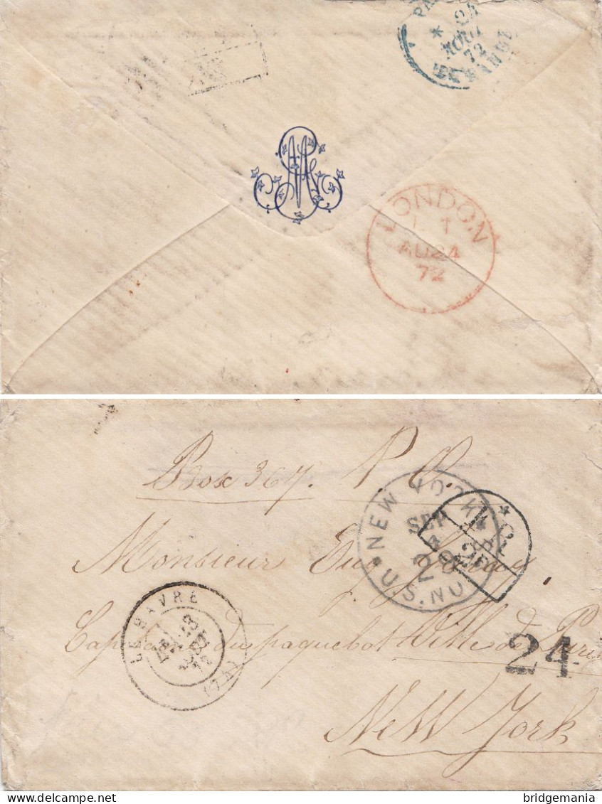 MTM157 - 1872 TRANSATLANTIC LETTER FRANCE TO USA Steamer RUSSIA CUNARD - UNPAID 2 RATE - Marcophilie