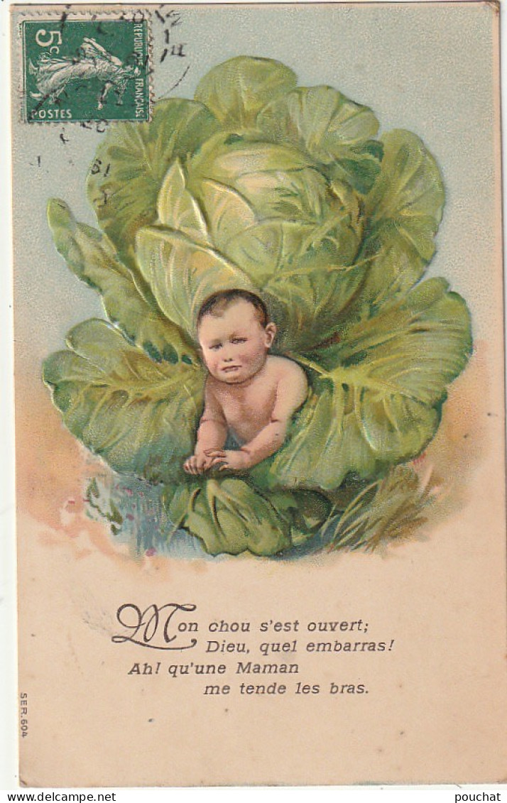 YO 2- " MON CHOU S' EST OUVERT  " - BEBE DANS FEUILLES DE CHOU - CARTE GAUFREE  - 2 SCANS - Escenas & Paisajes