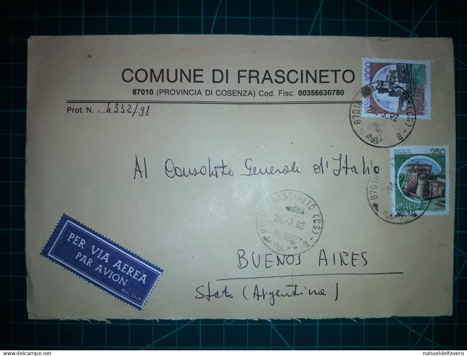 ITALIE, Enveloppe Communale Circulée à Buenos Aires, Argentine Avec Divers Timbres-poste (châteaux Et Autres). Commune: - 1991-00: Oblitérés