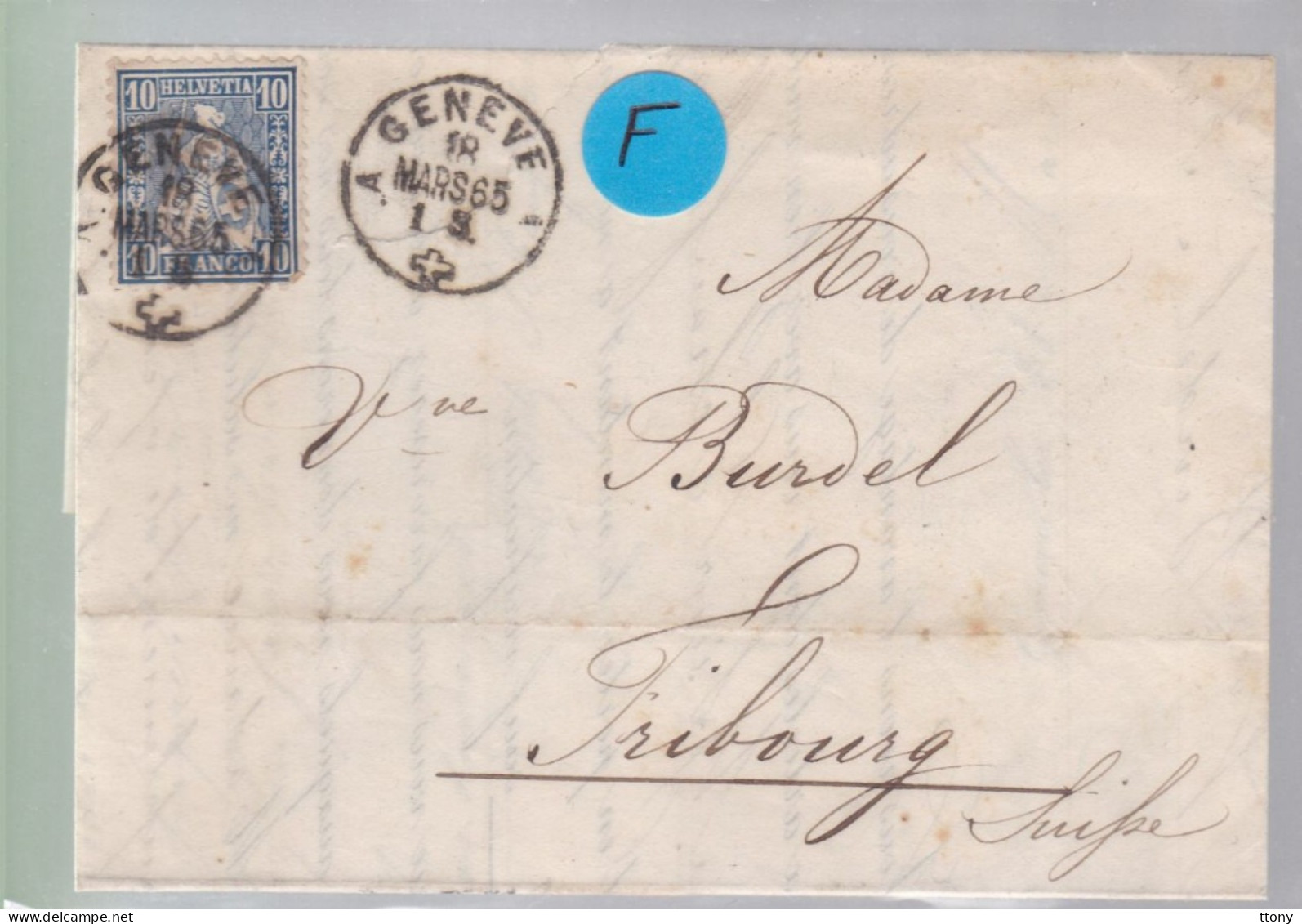 Un Timbre N° 31  10 C  Franco  Suisse  Sur Lettre   Facture  Genève  1865   Destination Fribourg - Briefe U. Dokumente