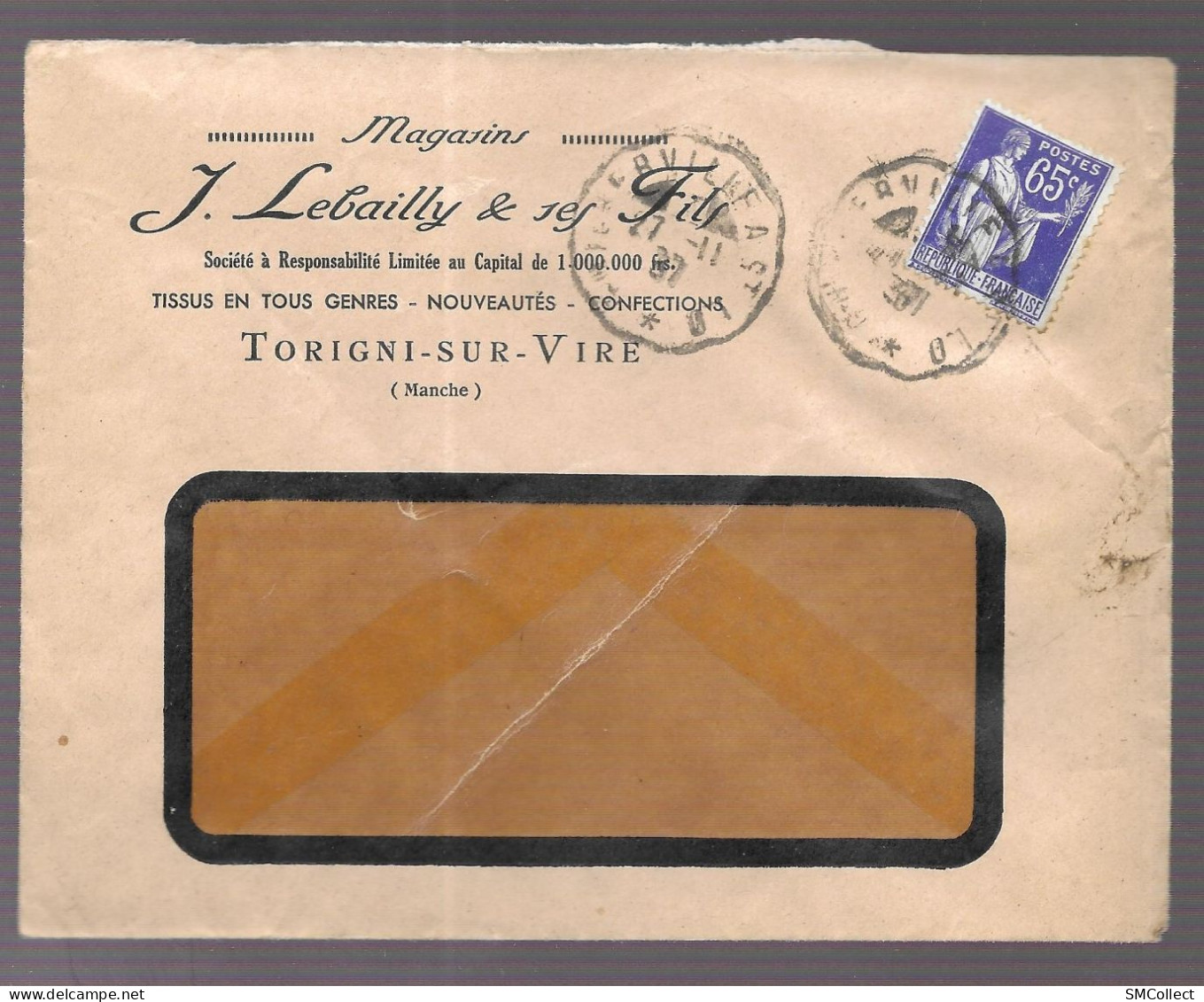 Torigni Sur Vire 1937. Enveloppe à En-tête J. Lebailly & Ses Fils - 1921-1960: Période Moderne