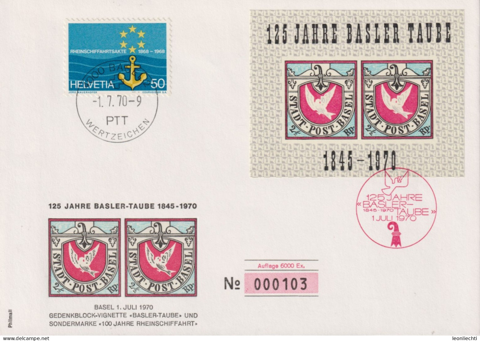 1970 Schweiz, Gedenkblock-Vignette Basler Taube + Zum:CH 460, Mi:CH: 890, Rheinschiffsakte, Beleg N° 000103 - Covers & Documents