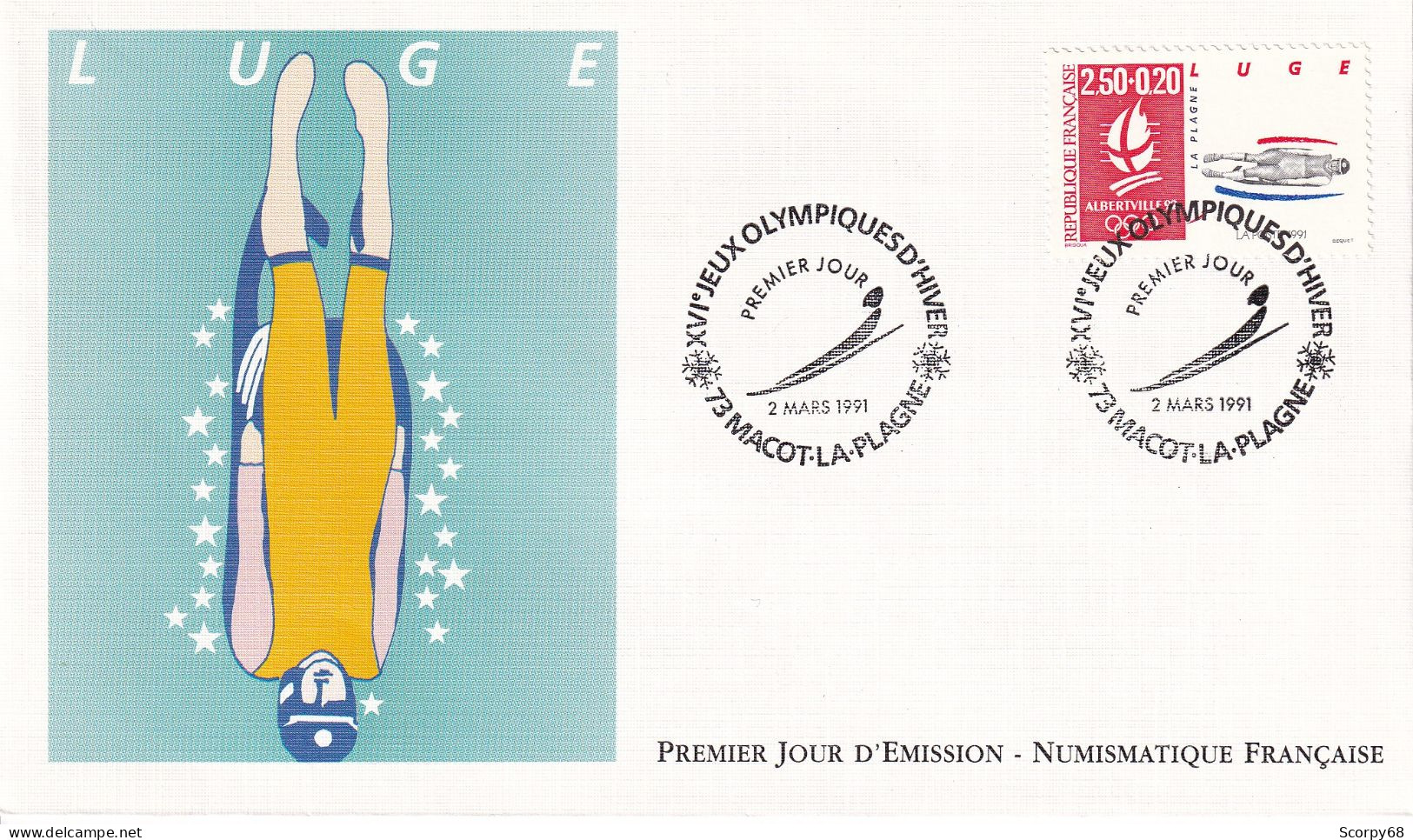 FDC 02/03/1991: XVIèmes Jeux Olympiques D'Hiver ALBERTVILLE 1992 - Luge - Y&T N° 2679 - 1990-1999