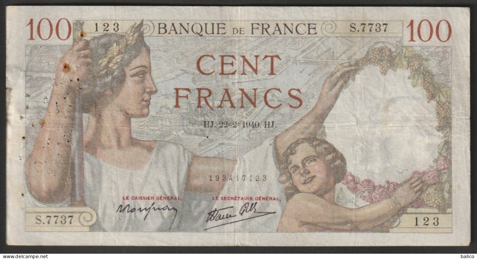 Billet 100 Francs SULLY - 22-2-1940  - N° S.7737 - 123 - 100 F 1939-1942 ''Sully''