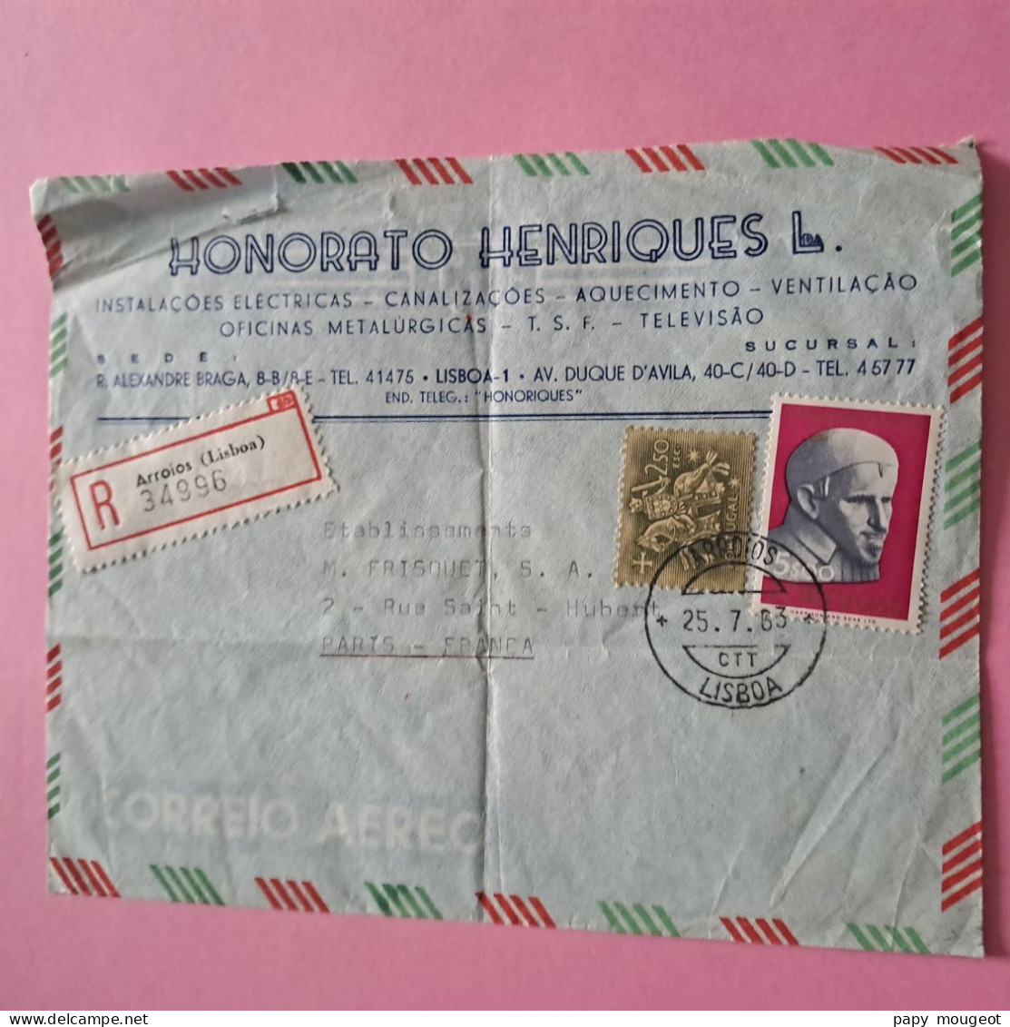 Lettre Par Avion Recommandée Honorato Henriques L. De Lisbonne Pour Paris 25-07-1963 (état) - Brieven En Documenten