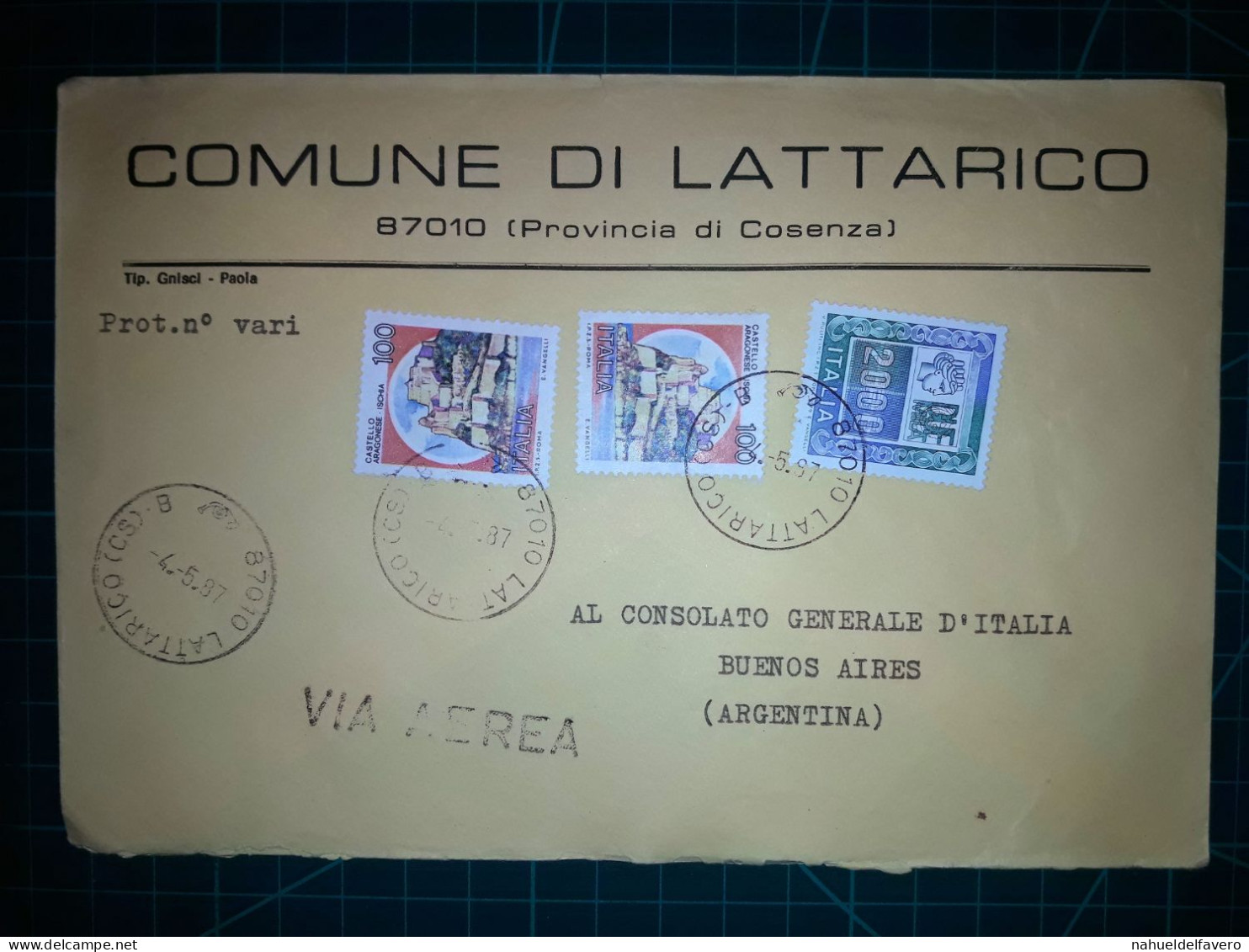 ITALIE, Enveloppe Communale Circulée à Buenos Aires, Argentine Avec Divers Timbres-poste (châteaux Et Autres). Commune - 1981-90: Oblitérés