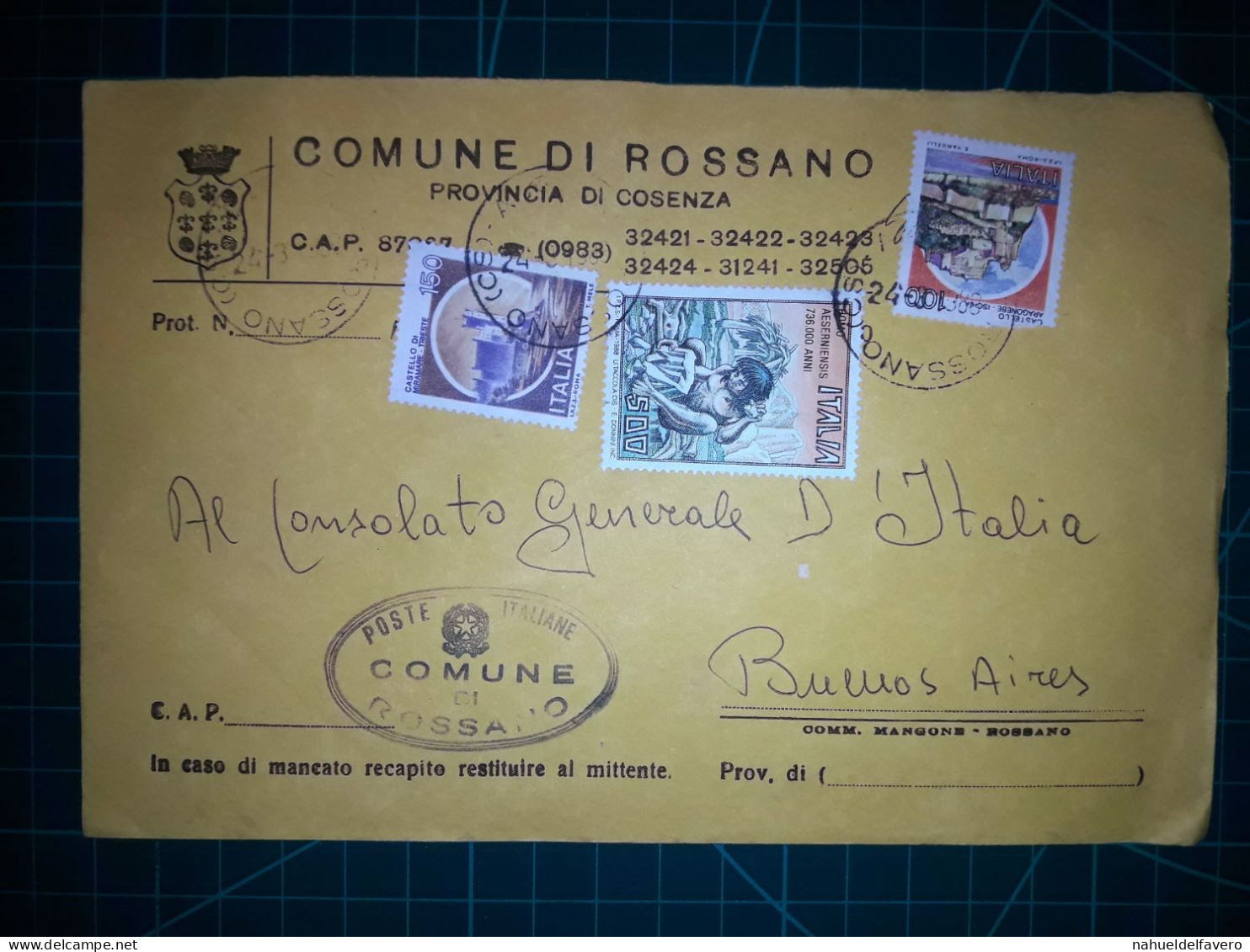 ITALIE, Enveloppe Communale Circulée à Buenos Aires, Argentine Avec Divers Timbres-poste (châteaux Et Autres). Commune: - 1981-90: Oblitérés