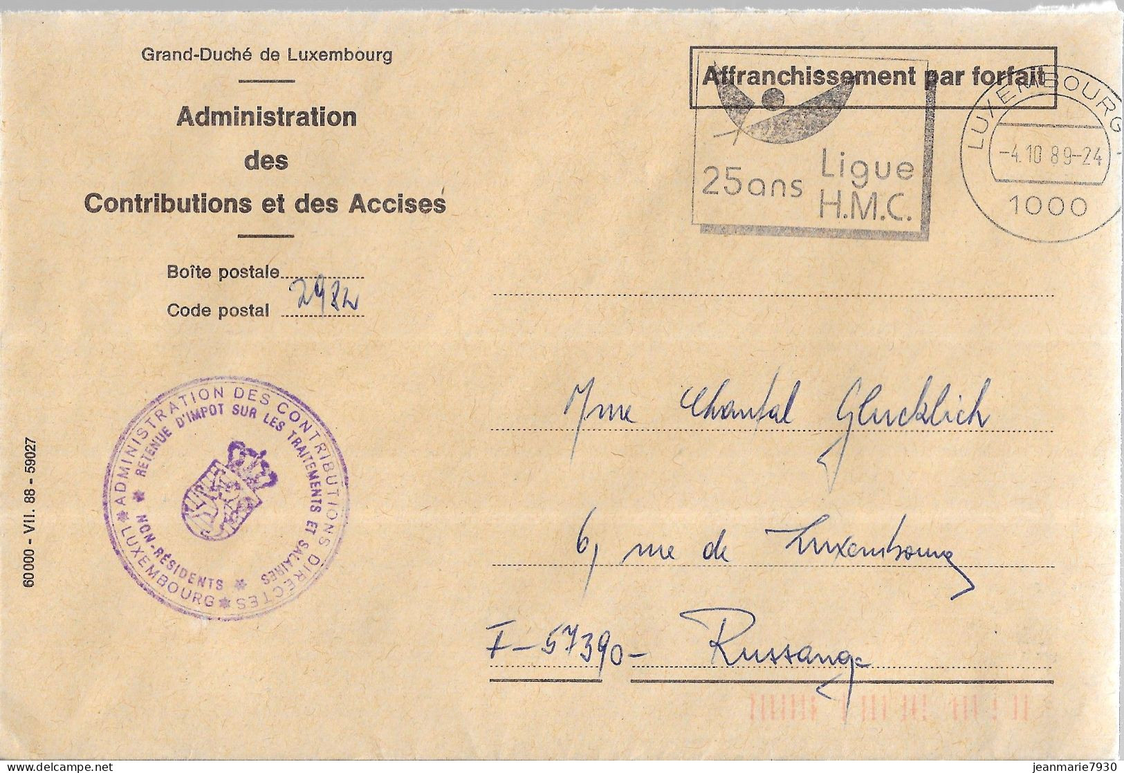 H330 - LETTRE DE LUXEMBOURG DU 04/10/89 - FLAMME - ADMINISTRATION DES CONTRIBUTIONS ET DES ACCISES - Macchine Per Obliterare (EMA)