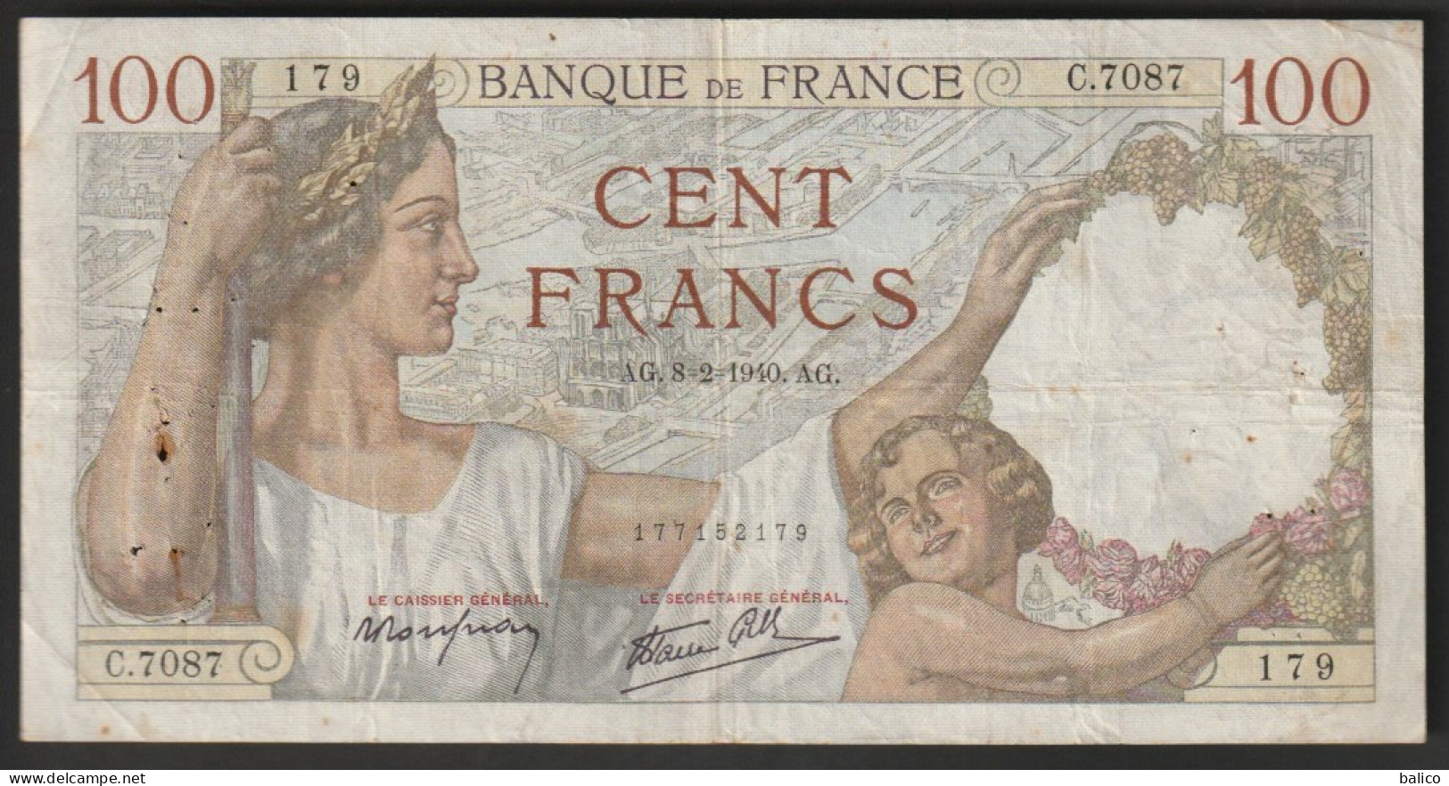Billet 100 Francs SULLY - 8-2-1940  - N° C.7087 - 179 - 100 F 1939-1942 ''Sully''
