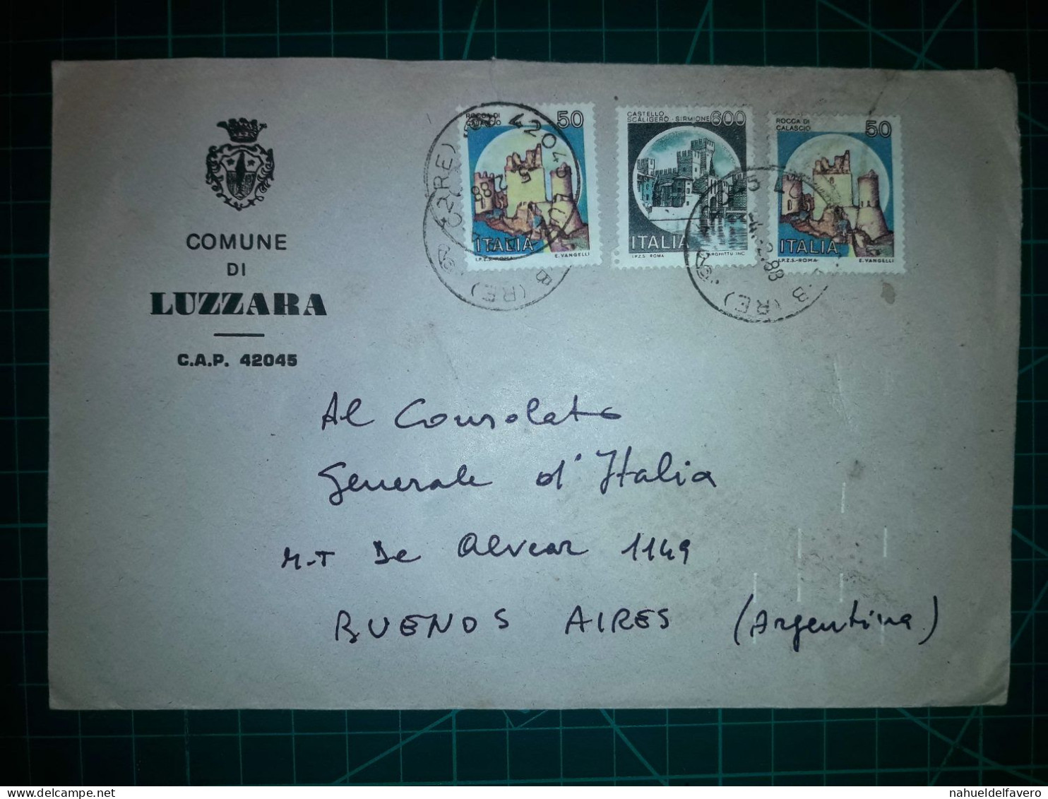 ITALIE, Enveloppe Communale Circulée à Buenos Aires, Argentine Avec Divers Timbres-poste (châteaux Et Autres). Commune: - 1981-90: Used