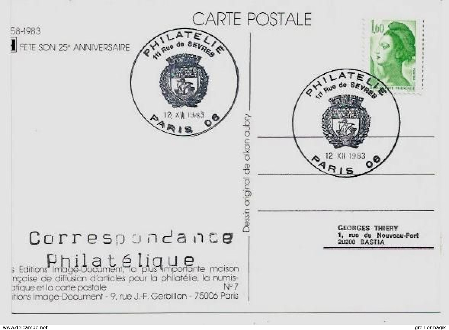 N°2219 Cachet Temporaire Paris 06 Philatélie Rue De Sèvres 12 XII 1983 Sur CP - Liberté Gandon 1,60 Vert - Cachets Provisoires