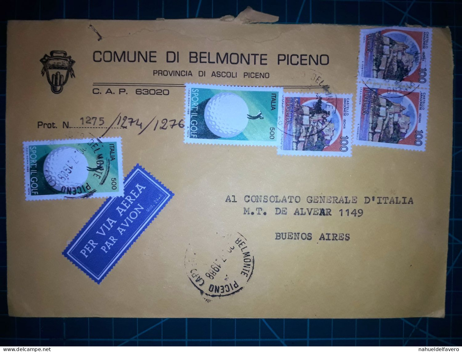 ITALIE, Enveloppe Communale Circulée à Buenos Aires, Argentine Avec Divers Timbres-poste (châteaux Et Autres). Commune: - 1981-90: Used