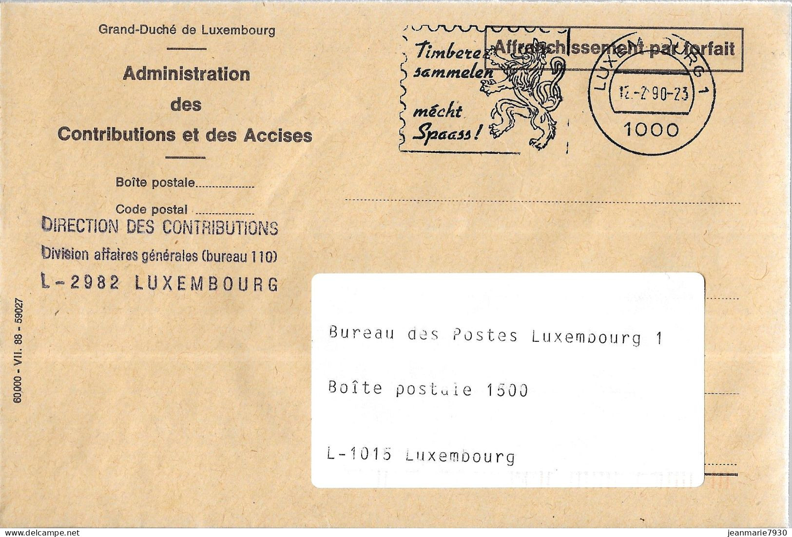 H328 - LETTRE DE LUXEMBOURG DU 12/02/90 - FLAMME - ADMINISTRATION DES CONTRIBUTIONS ET DES ACCISES - Franking Machines (EMA)