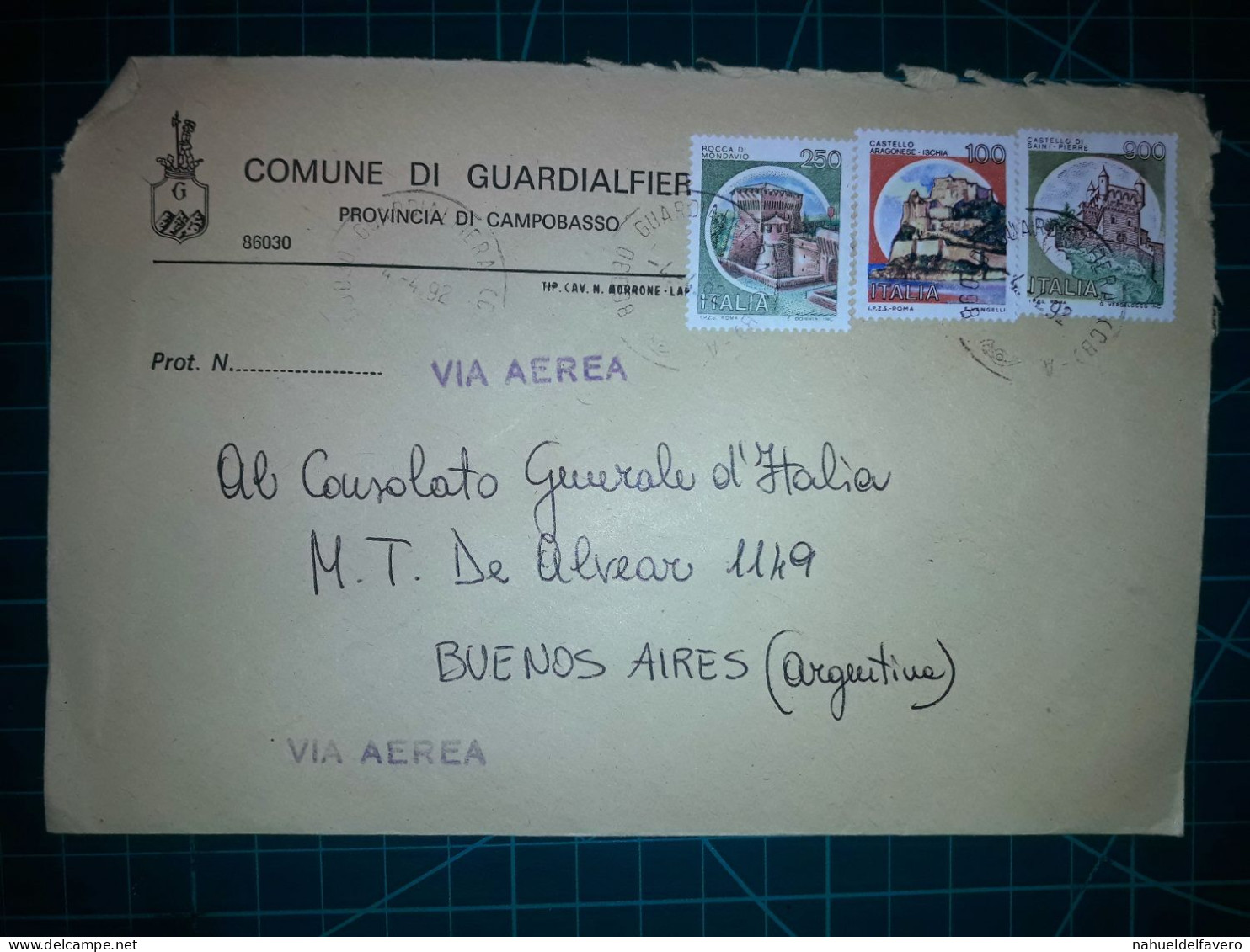 ITALIE, Enveloppe Communale Circulée à Buenos Aires, Argentine Avec Divers Timbres-poste (châteaux Et Autres). Commune: - 1991-00: Gebraucht