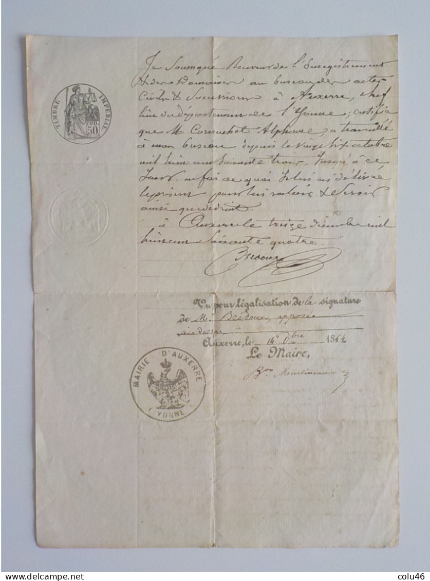 1864 Auxerre Certificat Acte De Bonne Conduite Signé Du Maire Martineau De La Ville D' Auxerre Avec 2 Cachets - Auxerre