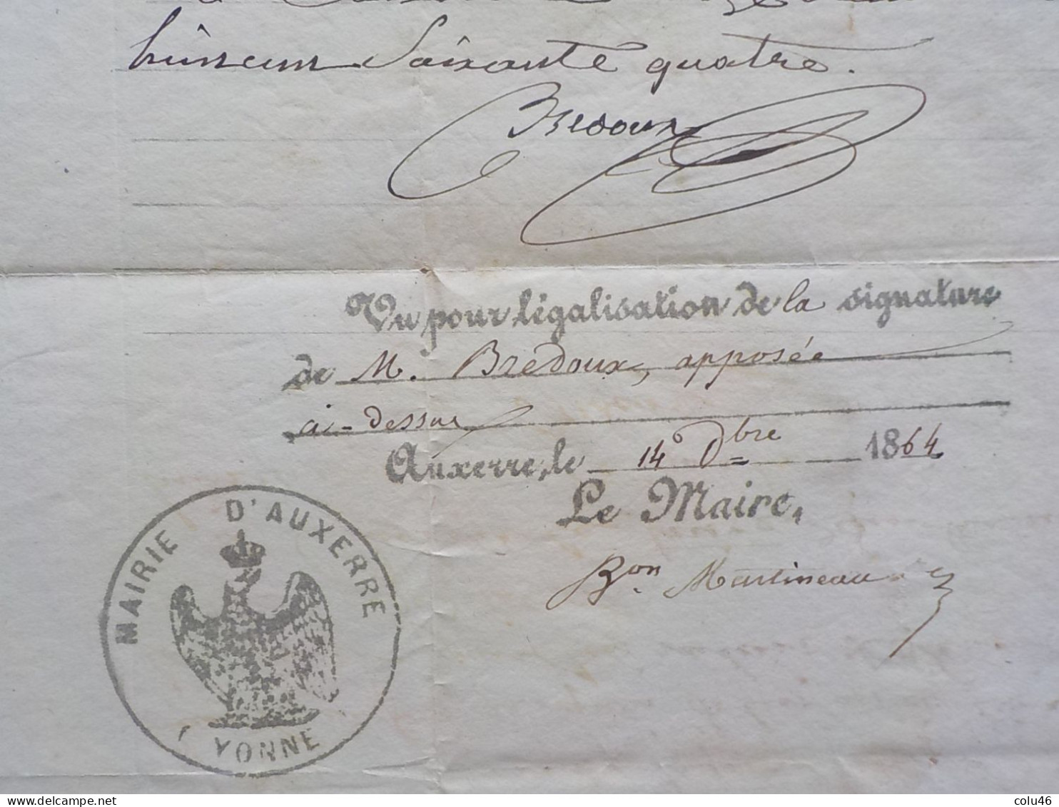 1864 Auxerre Certificat Acte De Bonne Conduite Signé Du Maire Martineau De La Ville D' Auxerre Avec 2 Cachets - Auxerre